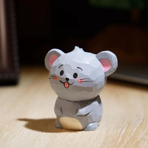 Hand-Carved Wooden Little Mouse Figurine with Base – Cute Mouse Desk & Monitor Top Decor, Wooden Animal Statue Art Collectible, Unique Gift for Animal Lovers - color: Little Mouse