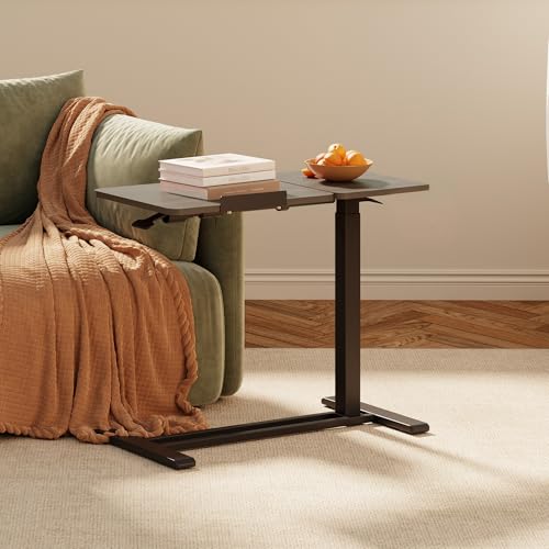 Adjustable Overbed Bedside Table with Wheels, Pneumatic Tilting Desktop Mobile Standing Desk, Rolling Laptop Desk for Bed, Sofa, or Hospital Use, (31.6" W x 15.7" D, Mahogany)