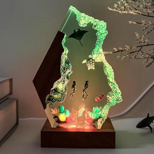 Scuba Diving Resin Ocean Lamp,Handmade 3D Ocean Night Light With Woodden Base,Variable Lights, Scuba Diver Gifts, Diving Enthusiast Collectibles, Unique Birthday Holiday Gifts for Men & Women(M 8"x5") - color: Scuba Divers, size: M