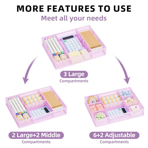 Marbrasse 2 Pack Desk Drawer Organizer, Mesh Drawer Organizer Tray with 8 Adjustable Compartments, Desk Organizers and Accessories, 5 Dividers Drawer for Office Supplies, Makeup & Vanity (Purple) - color: Purple