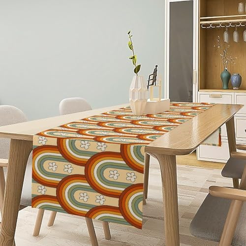 Vintage Boho Rainbow Table Runner Mid Century Modern Cute Bohemian Flowers Colorful Arch Abstract Table Runners for Kitchen Dining Table Home Party Decor 13x36in - color: Beige-orange-3, size: 13x36in