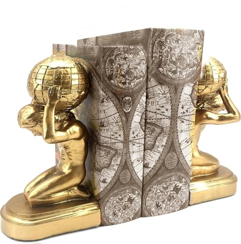 Bellaa 22968 Decorative Bookends Atlas Globe Greek Statues European Art Book Ends Stopper 7 inch Golden