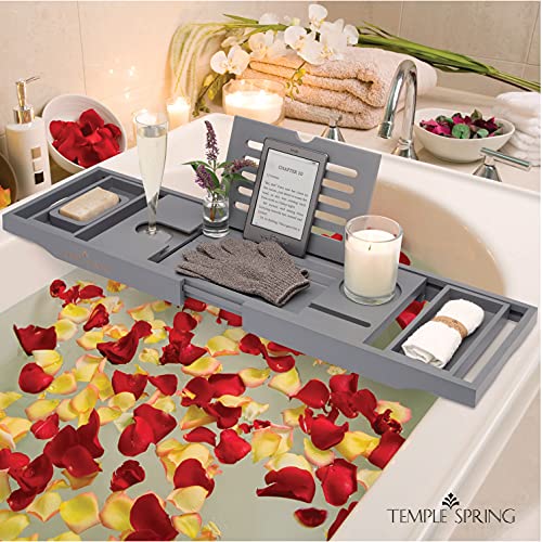 Temple Spring Bamboo Bathtub Tray Caddy for Tub — Expandable Wood Bath Tray with Solid Book Stand Wine Holder and Non-Slip Pads — Includes Bamboo Soap Dish and Spa Accessories — Luxury Bath Gift Set - color: Gray