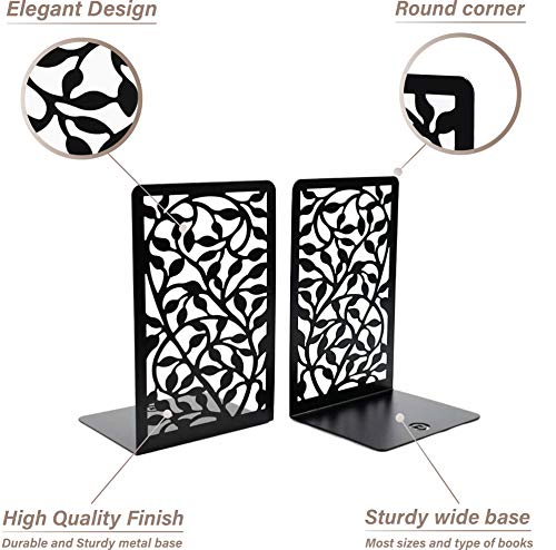 CNK Book Ends for Shelves - Metal Holders for Home Office Heavy Books, Shelf Stoppers, Decorative Set of 2 Black Infinite Leaves Bookends - color: Black