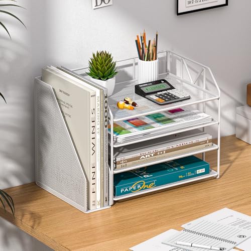 4-Tier Paper File Organizer with Drawer, Metal Desk Organizer, Tiered Paper Tray for Letter/A4 Files, Desktop Office Supplies Storage Rack, White - color: 4-Tier White with Bookend