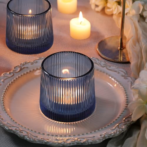 DARJEN Blue Ribbed Tealight Votive Candle Holders Set of 10- Votive Candle Holders for Table Centerpiece, Tea Light Candle Holder Glass for Wedding and Home Decor, Blue Decor and Gifts - color: Blue, size: 10Pcs