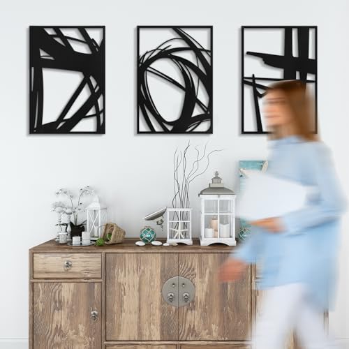 Pinetree Art Abstract Metal Wall Art Decor, 3 Pack Modern Wall Art, Minimalist Line Art Décor, 3D Textured Sculptures for Living Room Bedroom Bathroom (Black 11" x 16") - size: M(11"x16"x3pcs)