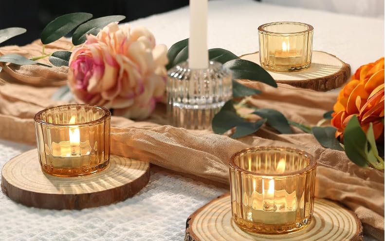 Clear Tealight Candle Holder Set of 2,Glass Votive Candle Holders, Decorative Round Ribbed Candle Holders for Home Decor (Champagne) - color: Champagne