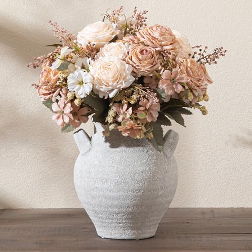 Enra White Ceramic Vase 7.36 Inch,Pottery Decorative Vase for Home Décor, Farmhouse Rustic Vase for Dining Table, Living Room, Kitchen Shelf, Mantel, Bookshelf & Wedding Centerpiece, Dried Flower - color: Rustic-25011-3