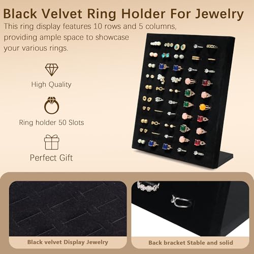 Homeanda Ring Display Tray - 50 Slot L-Shaped Velvet Jewelry Display for Earrings and Rings (Black) - style: A.L-Shaped-Black