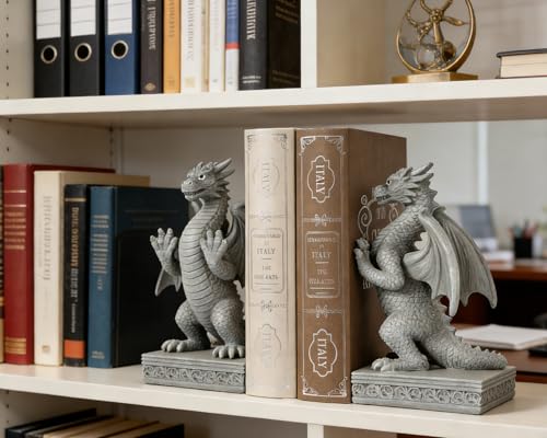 Dragon Statue Decorative Bookends for Shelves, Stone Grey Dragon Statue Home Office Decoration, Fantasy Dragon Figurine Enthusiasts Gifts - color: Stone Grey