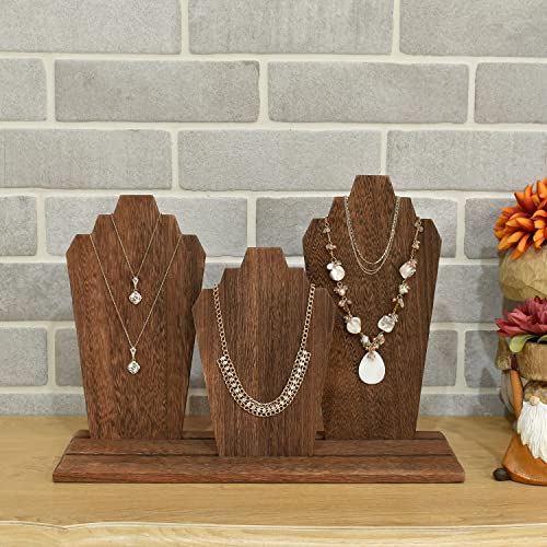 MOOCA Portable Lightweight Multiple Wooden Necklace Display Stand with 2-Row Holder, 3 Removable Displays, and Pegs on the Back, Brown Color