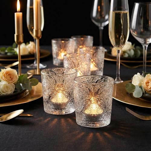 6 Pack Mandala Embossed Glass Candle Holders – Votive Tealight Holders with Patent Design, Decorative Embossed Glass Cups for Wedding Centerpieces, Parties, and Home Décor (Crystal Clear) - color: Crystal Clear