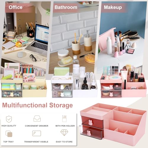 Meiikun Desk Organizer, Makeup Organizer with 2 Drawers, 7 Compartment & a Top Tray, Desktop Organizers and Storage for Women, Cute Home organization Bathroom, 11" x 5.7" x 4.7" (Pink) - color: 8 Compartments + 2 Drawer (Pink)