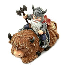 Viking Warrior Gnome Riding Highland Cow Statue, Hand-Painted Resin Sculpture Figurine for Yard Garden Patio Lawn Ornaments, Unique Home Decor Housewarming Gift