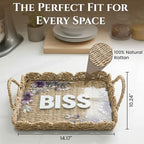 BISS Scalloped Rattan Serving Tray with Removable Floral Transparent Board – Natural Rattan Decorative Wicker Tray with Foldable Handles & Scalloped Edge – Wicker Woven Tray for Coffee Table, Dining
