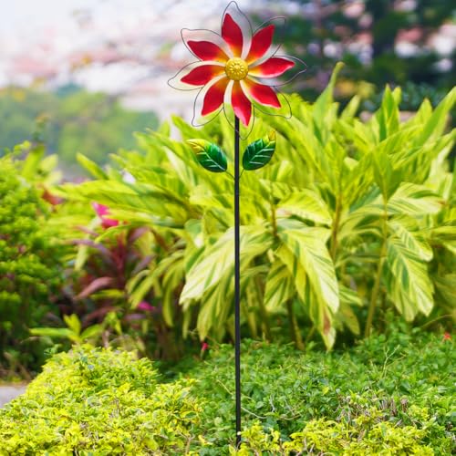 Wind Spinner Outdoor,14’’ Dia Red Flower Shape Garden Pinwheels Spinners,Waterproof Windmill for Yard Lawn Patio Decor - size: 14'' Red