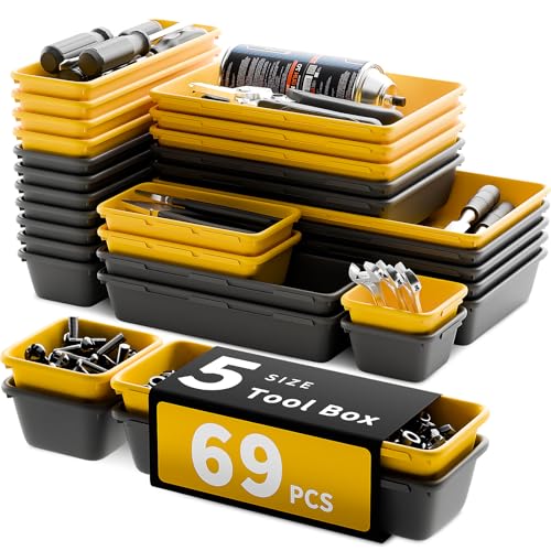 [5 Sizes] [69 PCS] Tool Drawer Organizer, Tool Box Tray, Desk Drawer Tray, Rolling Tool Chest, Toolbox Organzier (Black+Yellow) - color: Black+Yellow