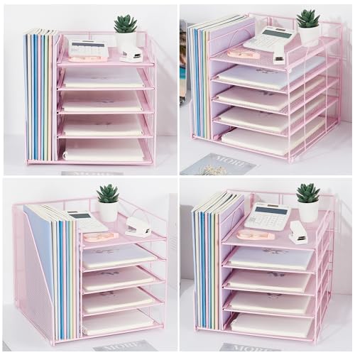 LEKETREE Desk Organizers and Accessories, 5-Tier Paper Letter Tray Organizer with File Holder, Desktop Organizer for Office Supplies (Pink) - color: Pink, size: 12" x 12" x 12"