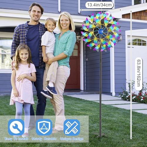 Metal Outdoor Wind Spinner, 2-Way Wind Sculpture Spinner with Metal Stake, Waterproof 360 Degrees Kinetic Windmill Art Decoration for Patio Garden Lawn (A- Colorful) - color: A- Colorful