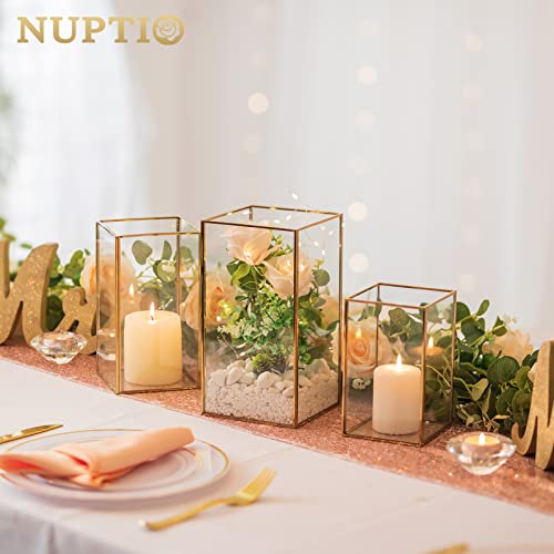 Nuptio Glass Hurricane Candle Holder Set of 3 Gold Pillar Candle Holders Large Rectangular Candleholder Table Centerpieces Decoration for Wedding Christmas Holiday Home Ornaments 9.5 & 8.1 & 6.5 inch - color: Gold, size: 9.5 & 8.1 & 6.5 inch H - 3 Pcs