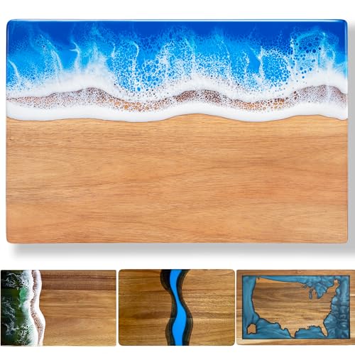 Handcrafted Acacia Wood Cutting Board Resin Blue Wave Pattern for Kitchen Meal Prep and Serving Versatile Cheese & Charcuterie Board for Meat Vegetable Fruit Gift 15x10 Inch