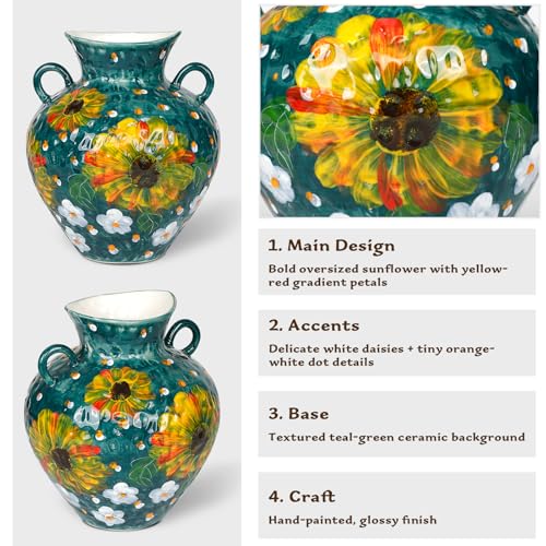 10 Inch Ceramic Vase with Sunflower & Daisy Design, Hand-Painted Decorative Flower Vase with Handles, Rustic Farmhouse Table Centerpiece, Ideal Gift for Sunflower Lovers & Home Decor Enthusiasts - color: Green-sunflower