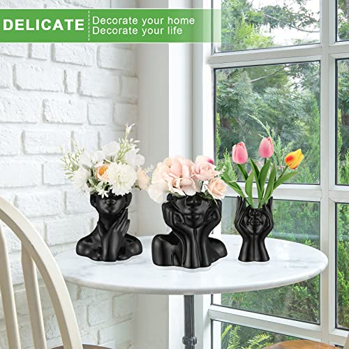 Sieral 3 Pcs Ceramic Face Vase Female Form Flower Modern Body Vase for Decor with Head Half Body Bust Centerpiece for Table Shelf Home Bedroom Room Office(Small,Black) - color: Black, size: Small