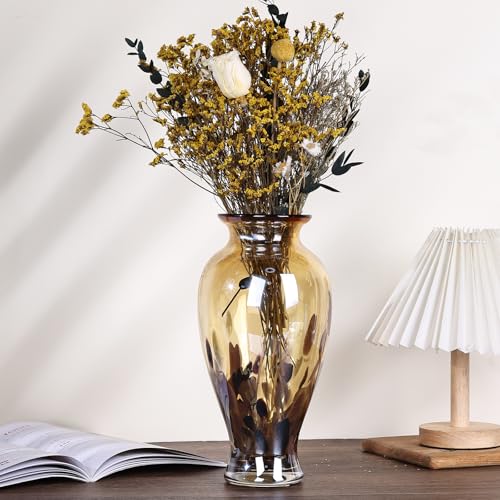 11.8" Tall Amber Gold Glass Vase Beautiful Hand Blown Glass Vase Modern Art Home Decor, Wide Mouth Colorful Vases for Mantle Dining Table Centerpiece, Entryway Living Room Wedding Decoration - color: Gold