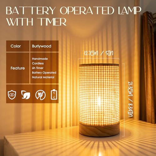 LUSHARBOR Battery Operated Lamp Boho Rattan Table Lamp with Timer, Battery Powered Lamp Bedside Cordless Accent Lamp for Livingroom/Entryway/Tabletop Decor Beige - style: LATTICE