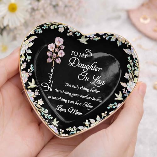 Personalized Jewelry Dish for Daughter in Law, Ceramic Trinket-Dish Heart Shape Ring Holder, Mother in Law Gift, Sentimental Keepsake Tray, Birth Floral Jewelry Organizer - color: Daughter In Law 127