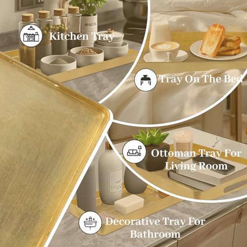 MAONAME Gold Decorative Tray with Handles, Foil Serving Tray for Ottoman, Rectangular Coffee Trays for Living Room, Bathroom, 16.7" L x 11.8" W x 1.6" H - size: 16.7" x 11.8" x 1.6"