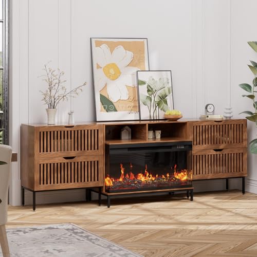 BVIUNTWO 3-Sided Glass Farmhouse Fireplace TV Stand for TVs Up to 100 Inch, Entertainment Center with 36" Electric Fireplace, 4 Drawers Storage,Brown - color: Brown