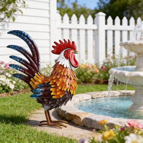 Shorayn Rooster Garden Statue Metal Chicken Yard Art Decor Outdoor Sculpture Figurines
