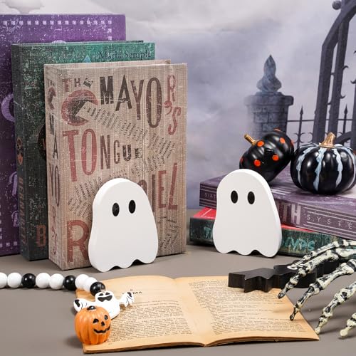 JarThenaAMCS 2Pcs Halloween Wood Bookends White Ghost Shape Wooden Book Stands Cute Ghost Non Skid Book Stoppers for Heavy Books Home School Office Library