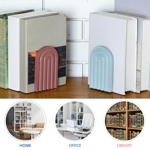 Harloon 4 Pcs Boho Arch Wooden Bookends, Decorative Rainbow Book Stoppers with Non-Slip Metal Base, 5x3x4 Inches, Cute Shelf Decor for Heavy Books, Home Office Study Desk Organizer(Morandi Color) - color: Morandi Color