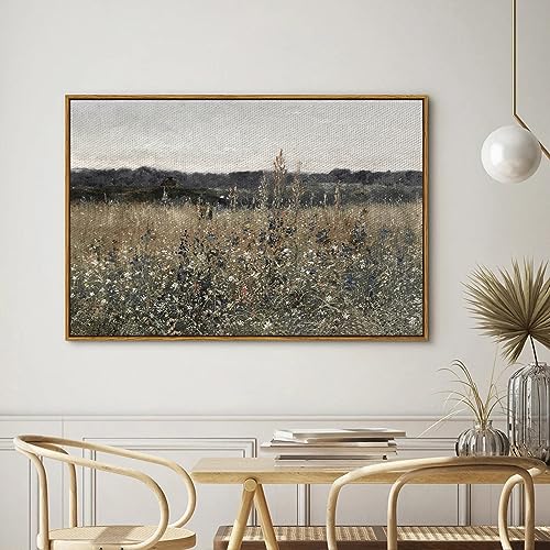 InSimSea Framed Canvas Wall Art Vintage Decor, Landscape Wall Art, Meadow with Flowers Art, Modern Farmhouse Decor, Cottagecore Bedroom Bathroom Office Decorations, 24"x36" - color: Champ Fleuri, size: 36"L x 24"W
