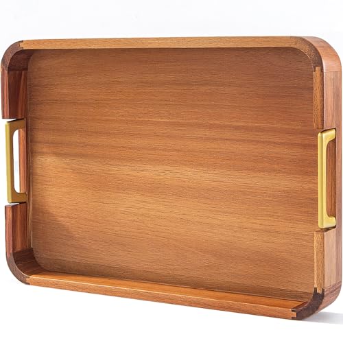 Acacia Wood Serving Tray with Metal Handles, 17x12in Food Drinks Tray for Coffee Table, Breakfast, Dinner & Bar, Rustic Decorative Storage Tray for Ottoman, Kitchen, Parties