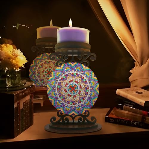 BAYUNOE 5Pcs DIY Candlestick Holders Wooden Desktop Diamond Art Painting Candle Holder Double-Sided Diamond Vintage Modern Decorative for Table Mantel Wedding Dinning Party - color: 5pcs