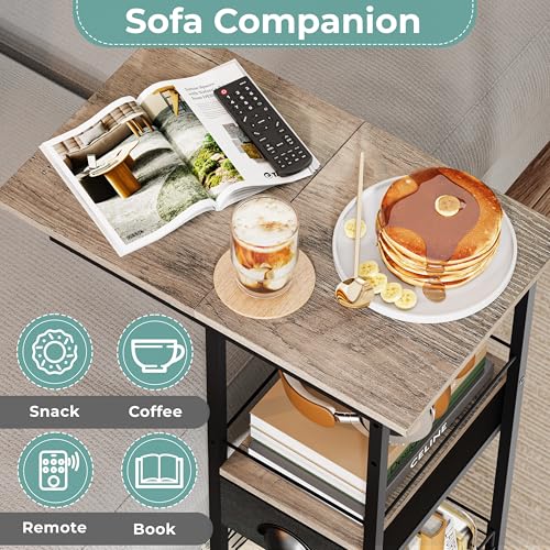 Rolling C Shaped Side Table with Storage Drawer, Ivory Portable Desk on Wheels, Bedside Table for Sofa Couch & Bed, Small Overbed Laptop Desk, Mobile Coffee End Table for Bedroom Living Room Dorm - color: Ivory, size: Large (With Drawer & Wheels)