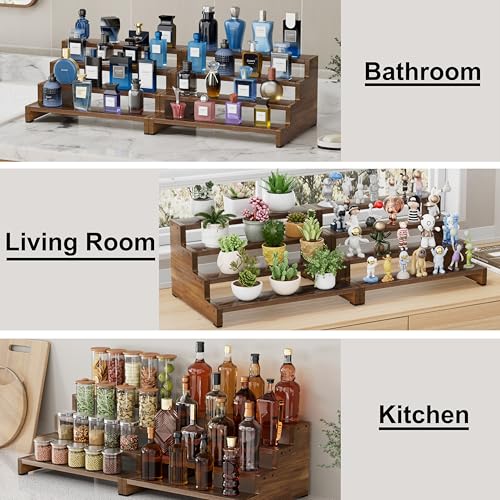 ZUJJAFY Cologne Organizer for Men, 4 Tier Wooden Cologne Stand Mens Fragrance Shelf, Tiered Wood Risers Display Stands for Perfume, Cupcake, Figures, Dessert, Brown