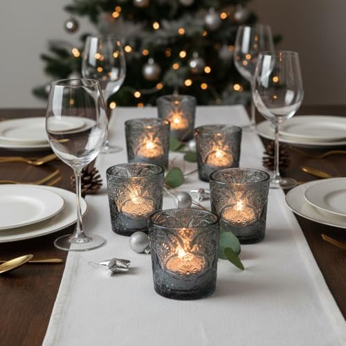 6 Pack Mandala Embossed Glass Candle Holders – Votive Tealight Holders with Patent Design, Decorative Embossed Glass Cups for Wedding Centerpieces, Parties, and Home Décor (Smoky Quartz) - color: Smoky Quartz