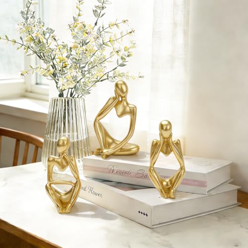 3PCS Gold Thinker Statues Home Decor, Resin Abstract Trendy Art Sculpture, Modern Aesthetic Collectible Figurines Display for Home Office Bedrooms Shelf Table Desktop Decoration