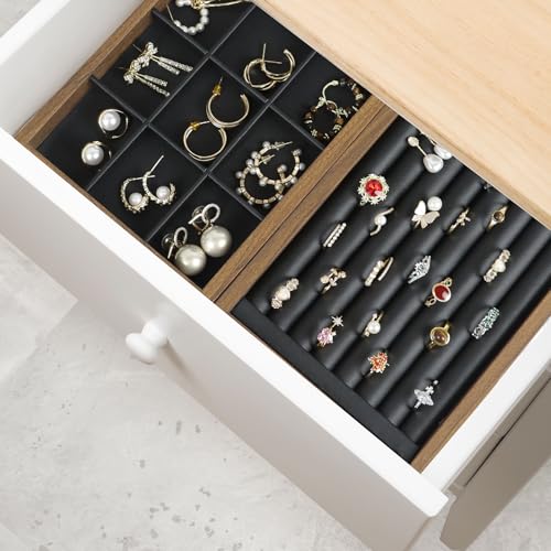 Fordonral Wood Jewelry Organizer Tray with PU Linen, Earring Organizer Jewelry Organizer Showcase Display Drawer Organizer Storage, Earring Holder Necklace Bracelet Ring Accessary Organizers - style: 12 Grids