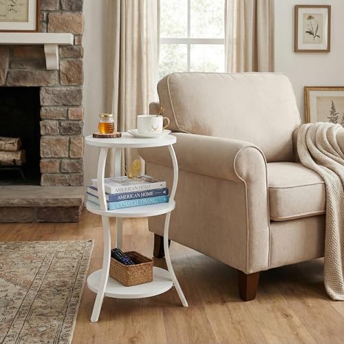 YEAKOO Vintage Small Round Side Table, 3-Tier Slim Waist Circular End Table with Storage Shelf, Compact Tea Sofa Table, Round Corner Coffee Table Nightstand for Living Room Bedroom Small Spaces,White - color: White, style: Classic