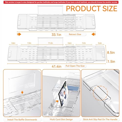 Yieach Luxury Clear Acrylic Bathtub Tray with Book Holder,Expandable Bath Tray for Tub and Bath Shelf Over Tub,Plastic Bath Table & Board,Bath Caddy Trays & Accessories for Women Relaxing Spa Gifts - size: L - (33.1 to 41.4 in）