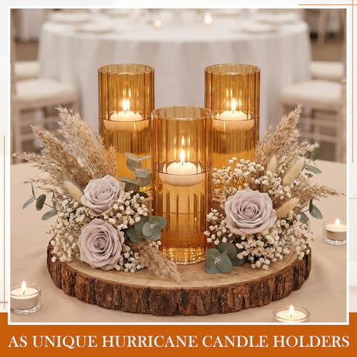 6 Pcs 8 Inch Tall Glass Ribbed Cylinder Vases Clear Floating Candle Flower Vase in Bulk, Hurricane Candle Holder for Wedding Housewarming Gift Table Centerpieces(Amber) - color: Amber, size: 8 Inch