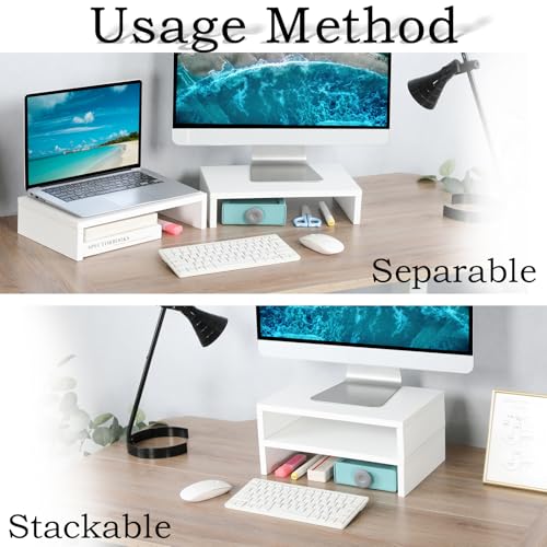 TEAMIX White Monitor Stand Riser - 2 Pack, Wood 2 Tier Adjustable Dual Monitor Riser for Laptop/PC Computer Stand for Desk - color: White