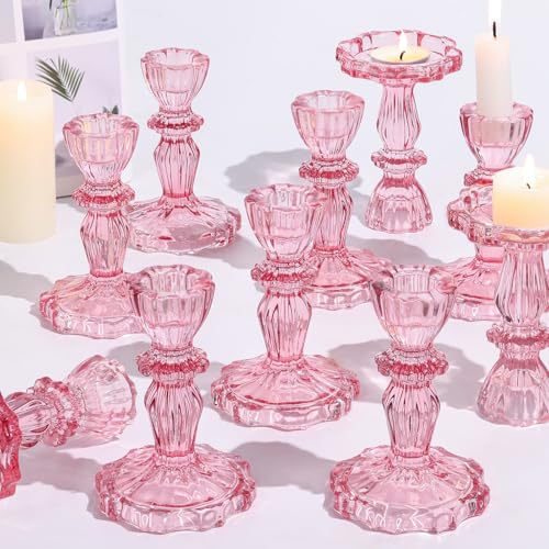 12pcs Taper Candle Holders, Candlestick Holders, Glass Candle Holder - Vintage Flower Design Candle Holders for Wedding, Baby Shower & Mother's Day Decorations (Pink) - color: Pink