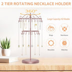 iDavosic.ly 2 Tier Rotating Necklace Holder Organizer with 42 Hooks, Adjustable Metal Bracelet Display Stand Rack, Extra Tall Keychain Spinning Tree Tower for Women, Rose Gold - color: Rose Gold